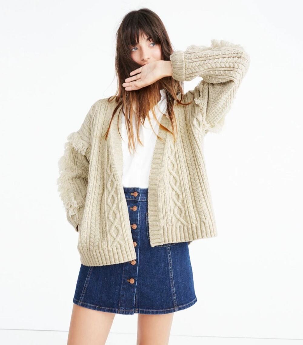 Madewell Cream Cable Knit Fringe Cardigan Sweater XS Cottagecore Western